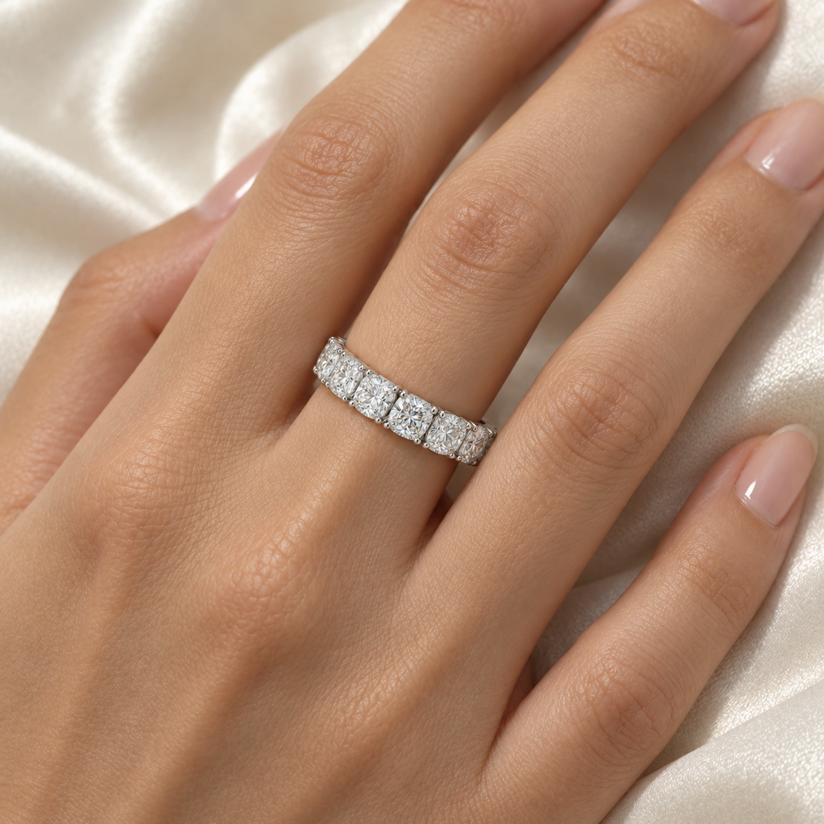Cushion Classic Lab-Grown Diamond Eternity Ring — 5 CTW — 14K White Gold — on-hand view — illustrative rendering