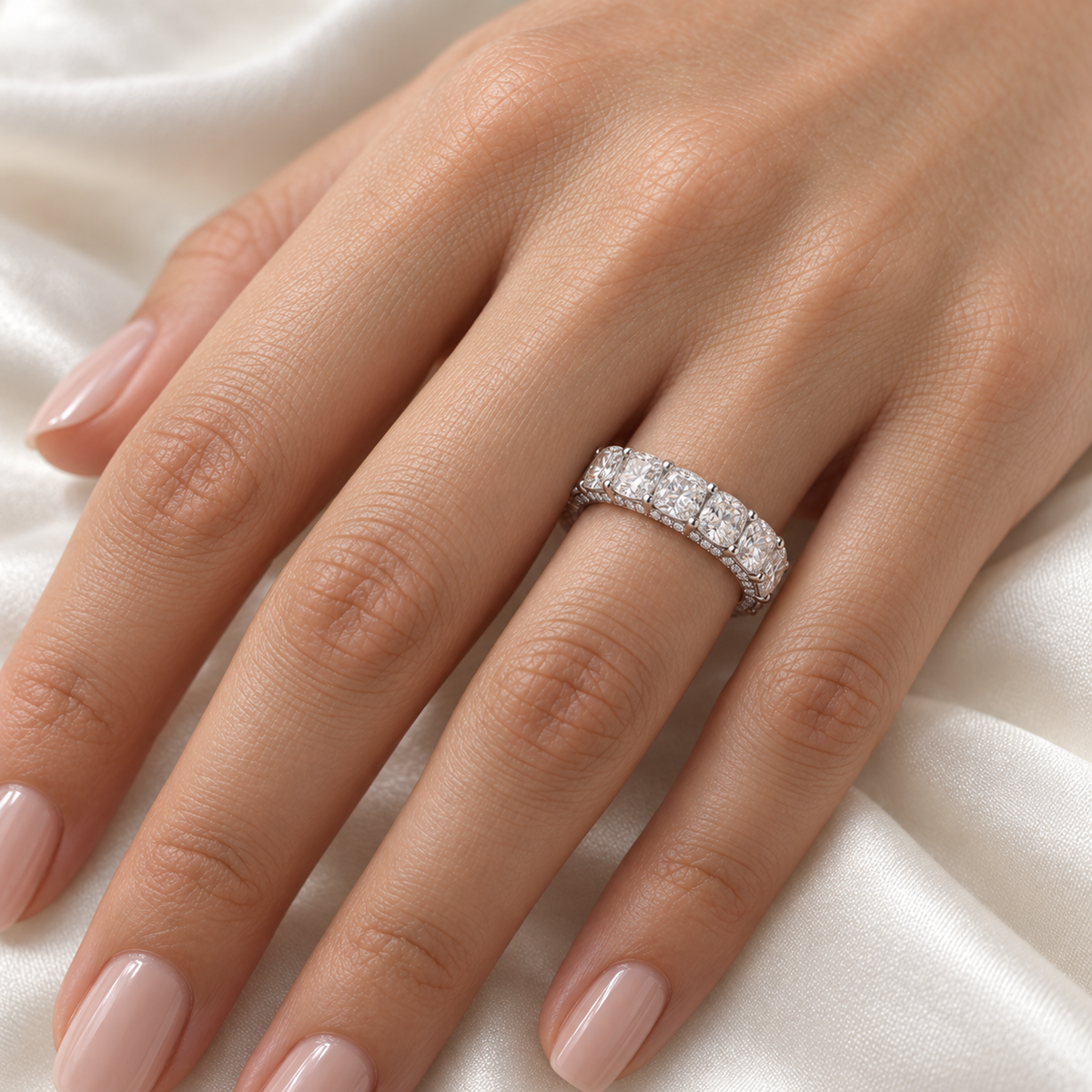 Cushion Side-Sparkle Lab-Grown Diamond Eternity Ring — 6 CTW — 14K White Gold — on-hand view — illustrative rendering