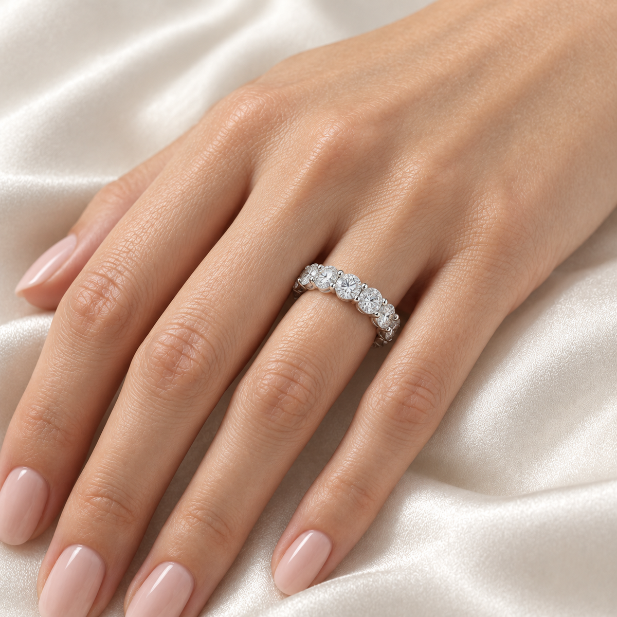 Round Floating Lab-Grown Diamond Eternity Ring — 6 CTW — 14K White Gold — on-hand view — illustrative rendering