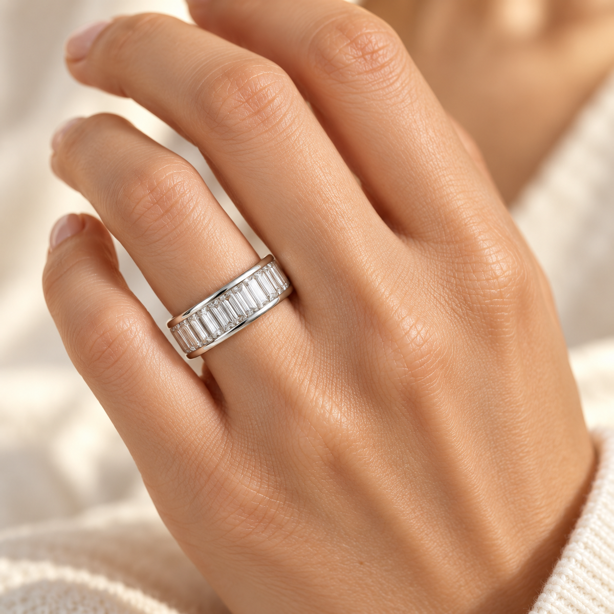 Baguette Channel lab-grown diamond eternity ring in 14K white gold, on-hand styling view — illustrative rendering