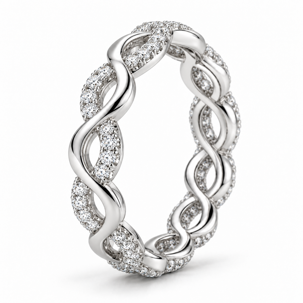 Infinity Twist lab-grown diamond eternity ring in 14K white gold, setting detail — illustrative rendering