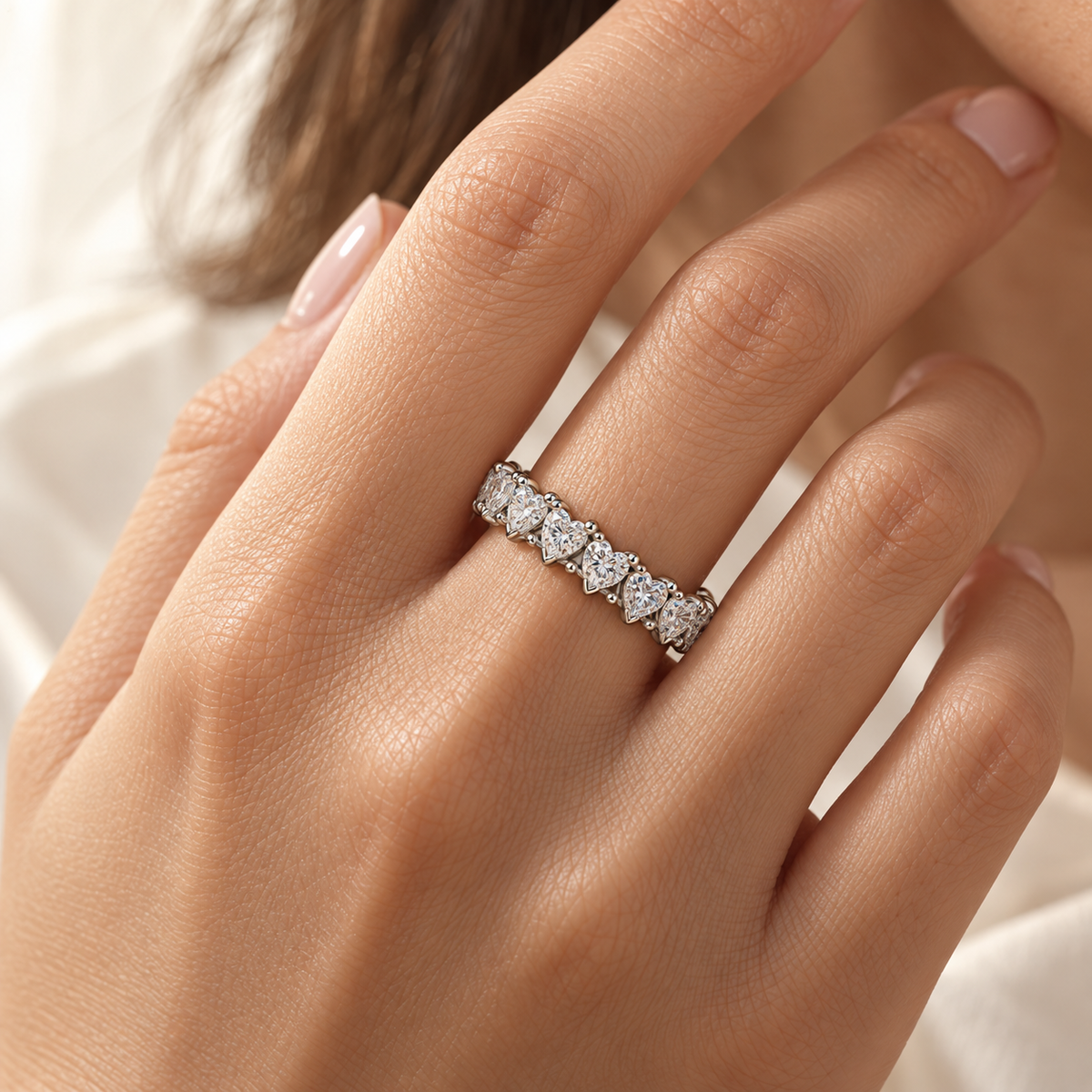 Heart Prong lab-grown diamond eternity ring in 14K white gold, on-hand styling view — illustrative rendering