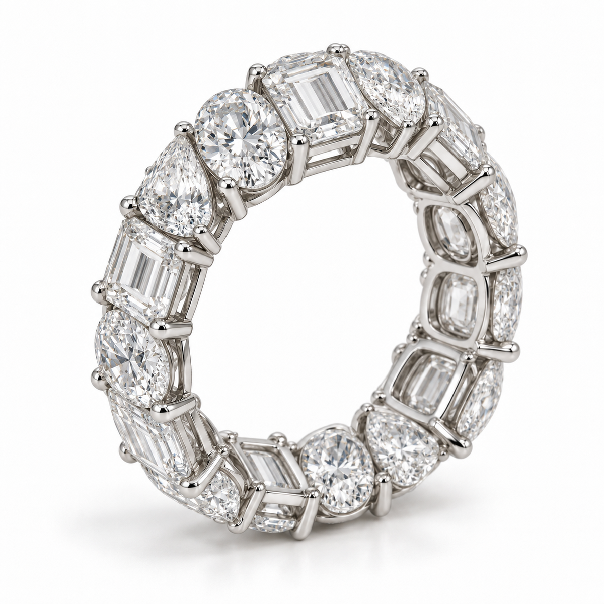 Mixed-Shape lab-grown diamond eternity ring in 14K white gold, setting detail — illustrative rendering