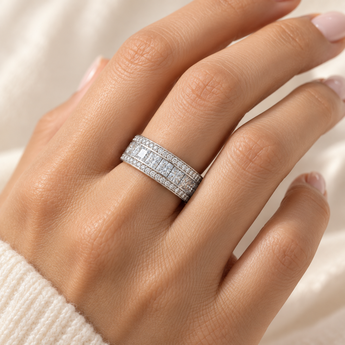 Princess & Round Wide lab-grown diamond eternity ring in 14K white gold, on-hand styling view — illustrative rendering