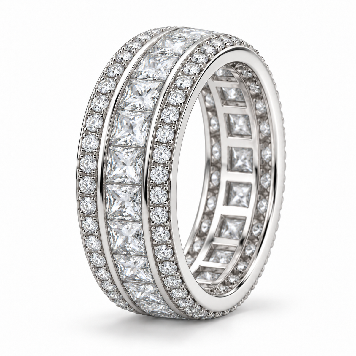 Princess & Round Wide lab-grown diamond eternity ring in 14K white gold, setting detail — illustrative rendering