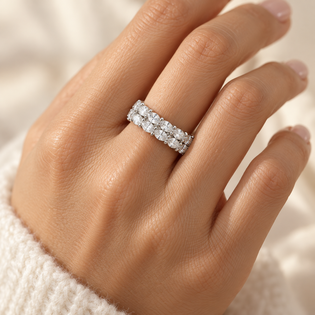 Marquise Double-Row lab-grown diamond eternity ring in 14K white gold, on-hand styling view — illustrative rendering