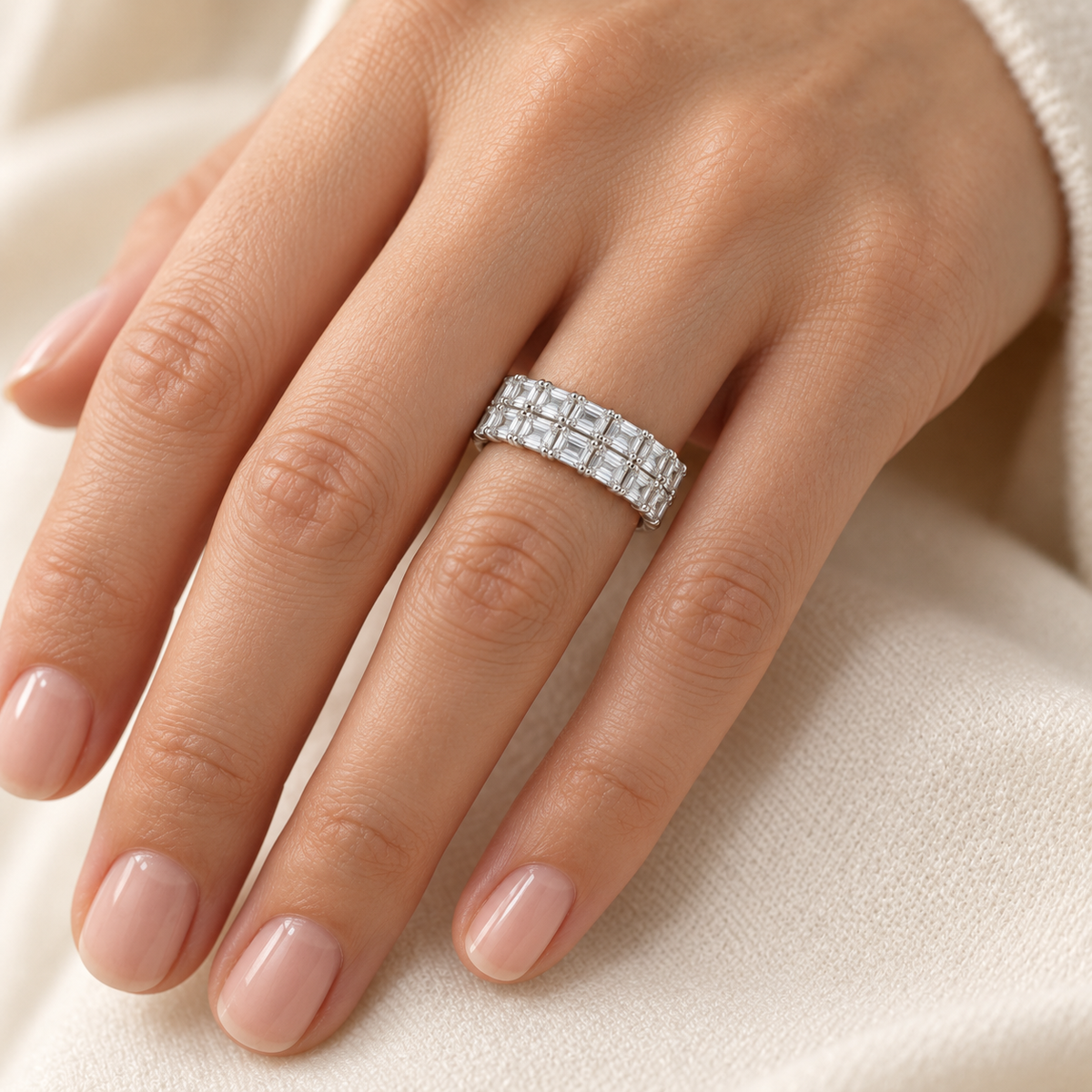 Emerald Double-Row lab-grown diamond eternity ring in 14K white gold, on-hand styling view — illustrative rendering