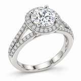 Round split-shank Halo engagement ring — detail view, white gold; illustrative design rendering