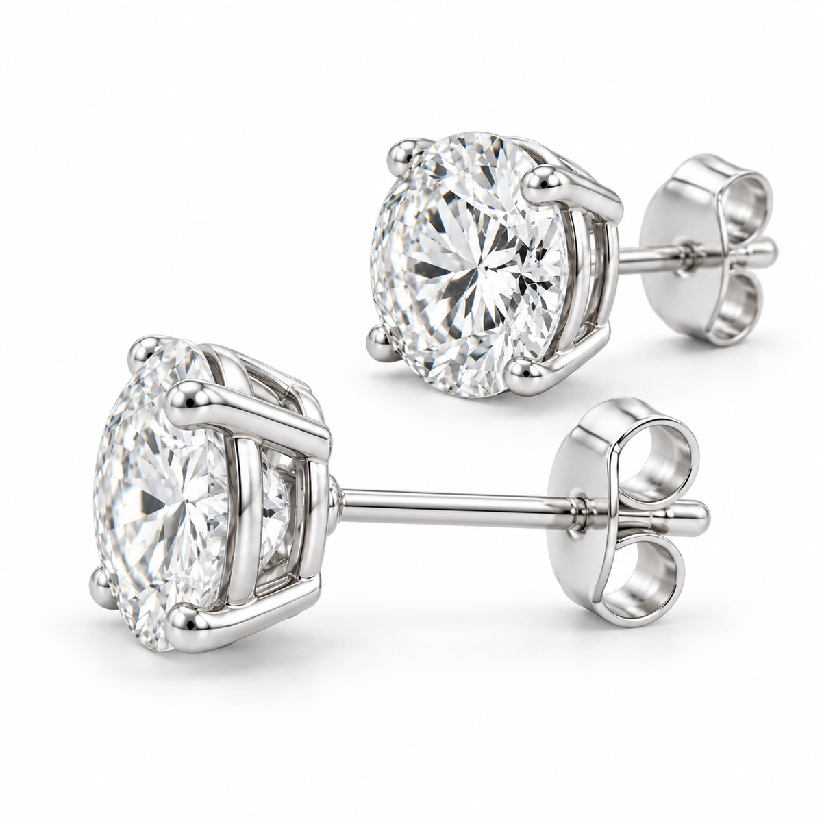 Classic round lab diamond studs — detail view, white gold; illustrative design rendering