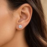 Classic round lab diamond studs — worn view, white gold; illustrative design rendering