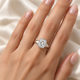 Vintage elongated cushion bezel solitaire — worn view, white gold; illustrative design rendering