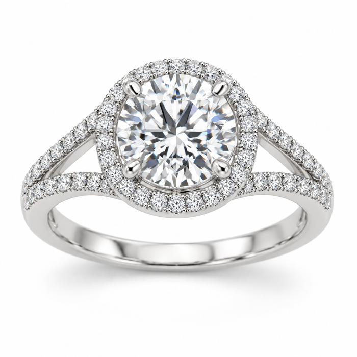 Round Split-Shank Halo in 14K white gold — illustrative design rendering