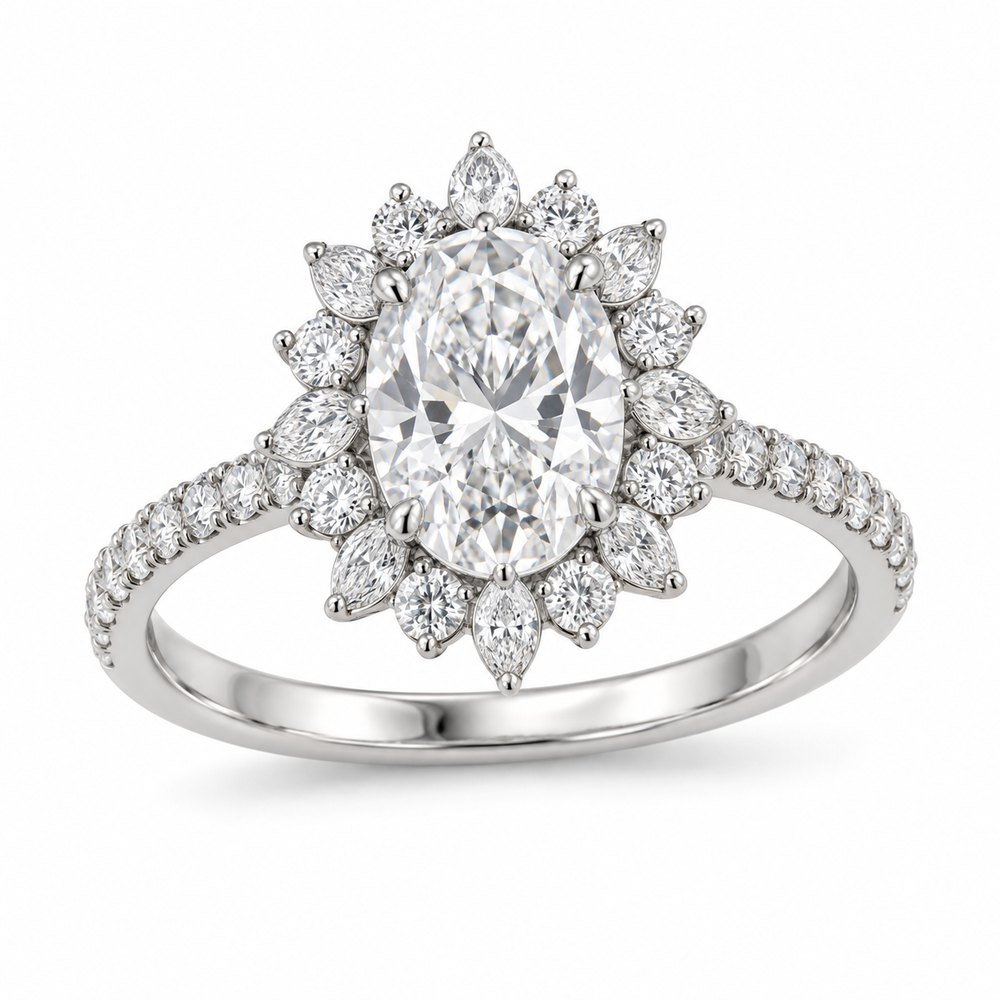 Oval Petal Halo in 14K white gold — illustrative design rendering