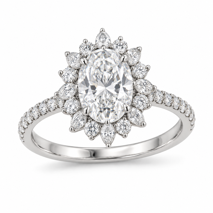 Oval Petal Halo in 14K white gold — illustrative design rendering