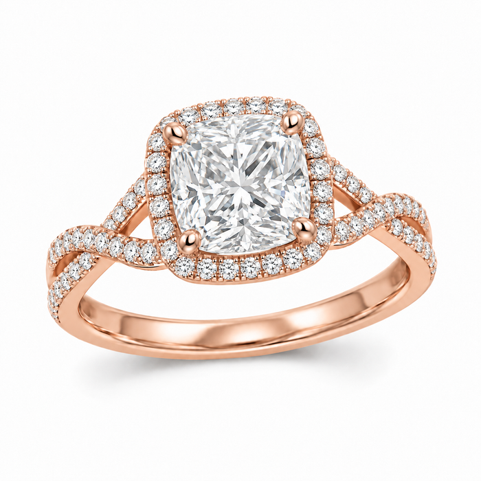 Cushion Crossover Halo in 14K rose gold — illustrative design rendering
