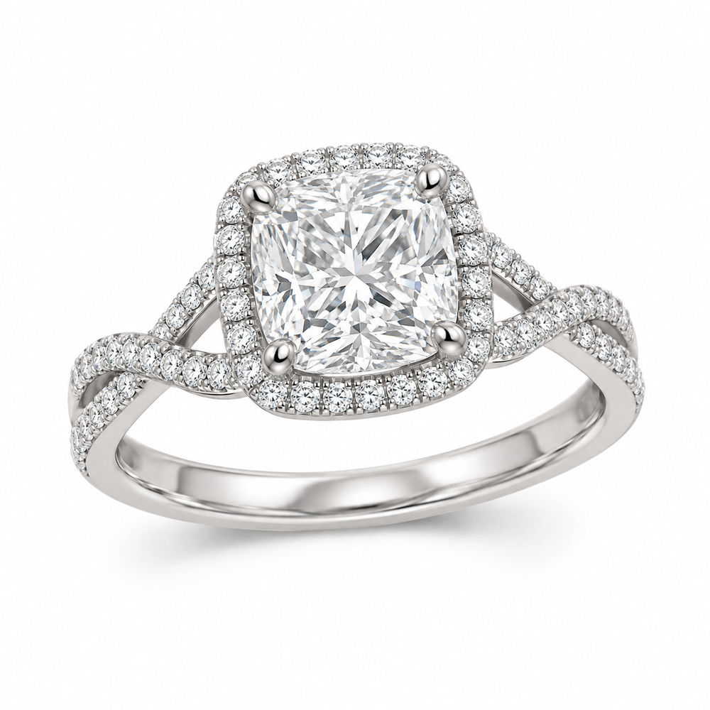 Cushion Crossover Halo in 14K white gold — illustrative design rendering