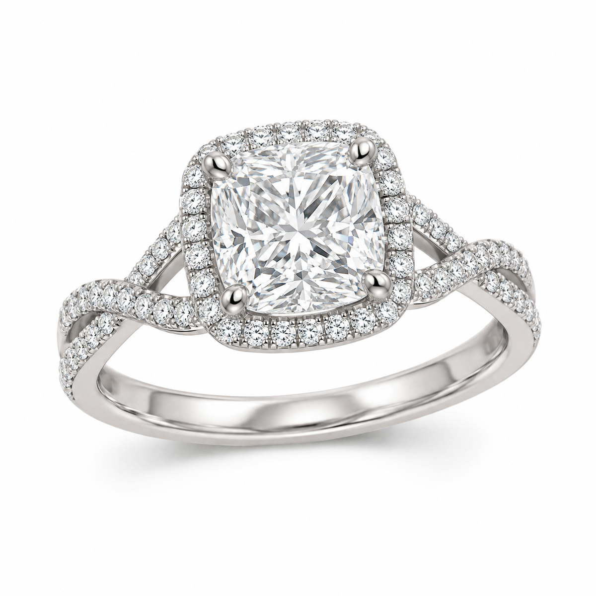 Cushion Crossover Halo in 14K white gold — illustrative design rendering