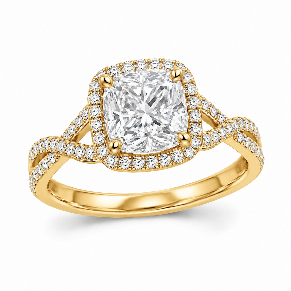 Cushion Crossover Halo in 14K yellow gold — illustrative design rendering