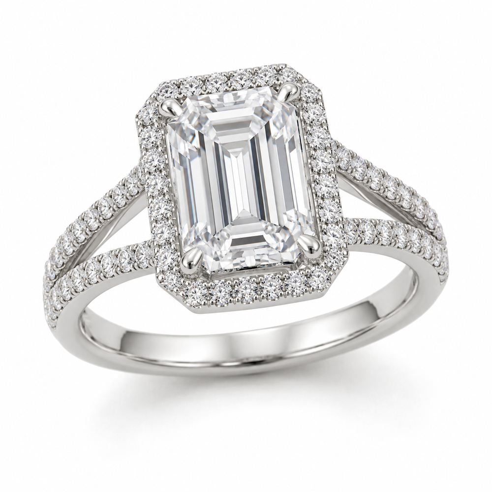 Emerald Split-Shank Halo in 14K white gold — illustrative design rendering