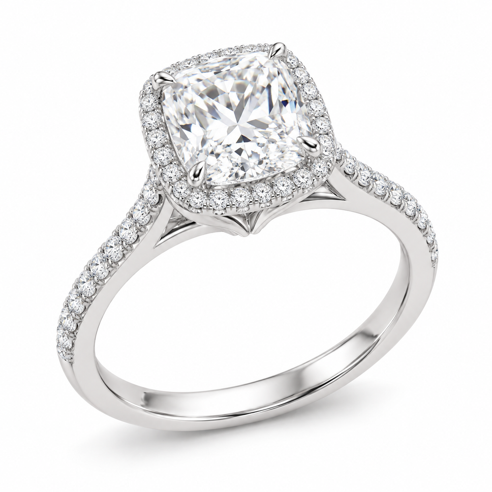 Cushion Cathedral Halo in 14K white gold — illustrative design rendering