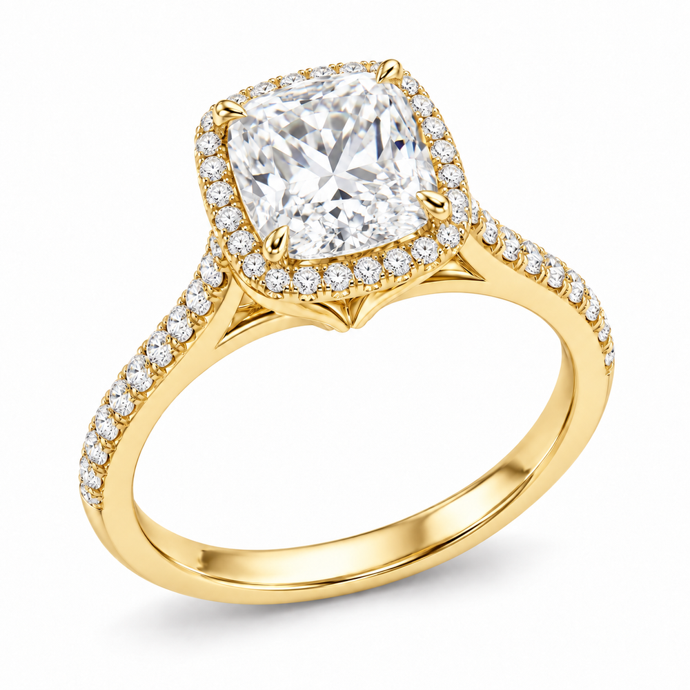 Cushion Cathedral Halo in 14K yellow gold — illustrative design rendering