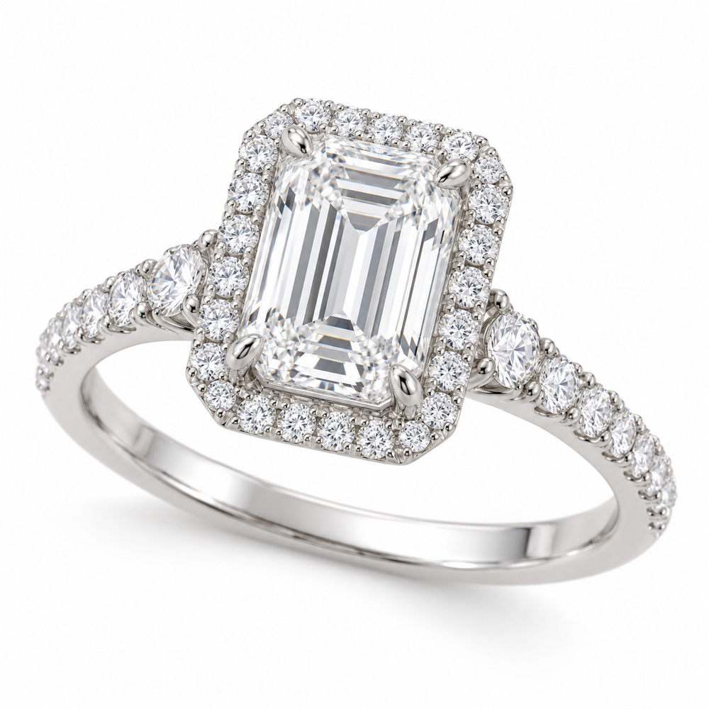 Emerald Graduated Halo in 14K white gold — illustrative design rendering