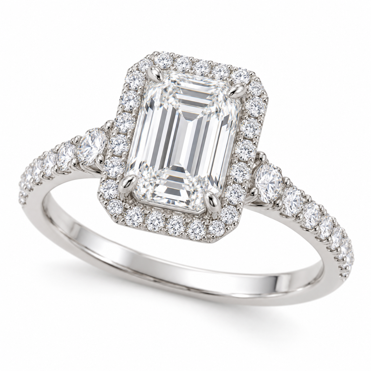 Emerald Graduated Halo in 14K white gold — illustrative design rendering