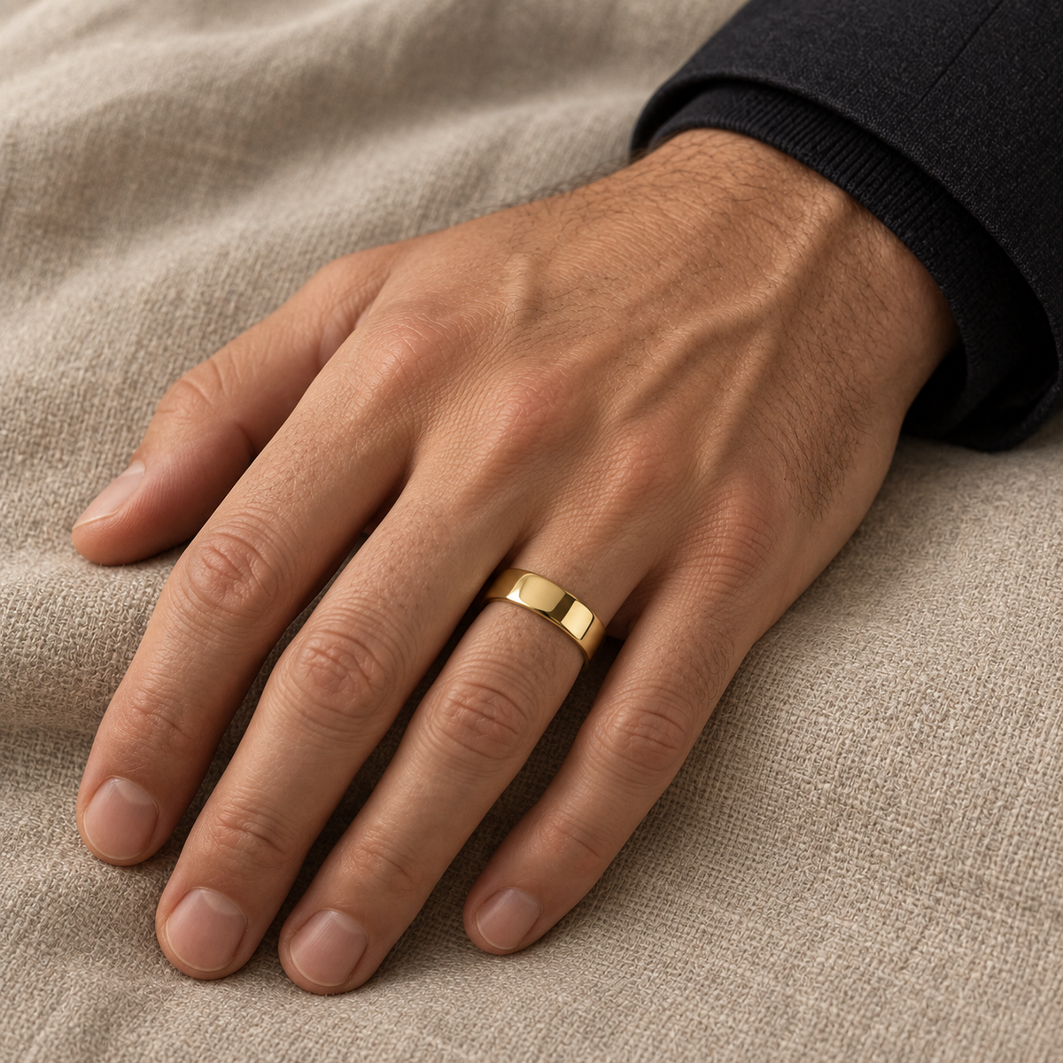 Men’s Signature 6mm Gold Wedding Band — yellow gold worn on a man's hand, illustrative rendering