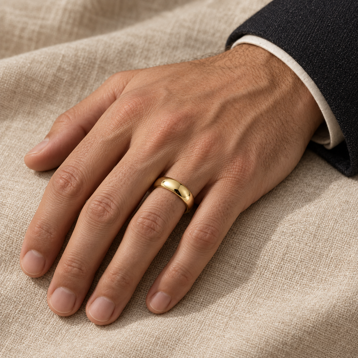 Men’s Classic Dome 5mm Gold Wedding Band — yellow gold worn on a man's hand, illustrative rendering