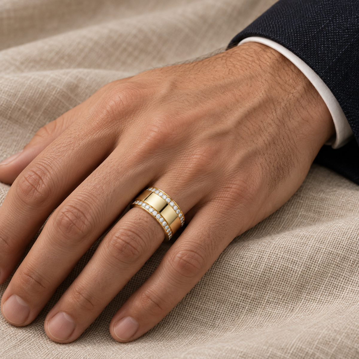 Men’s Edge Pavé Lab Diamond Band — 1.50 CTW — yellow gold worn on a man's hand, illustrative rendering