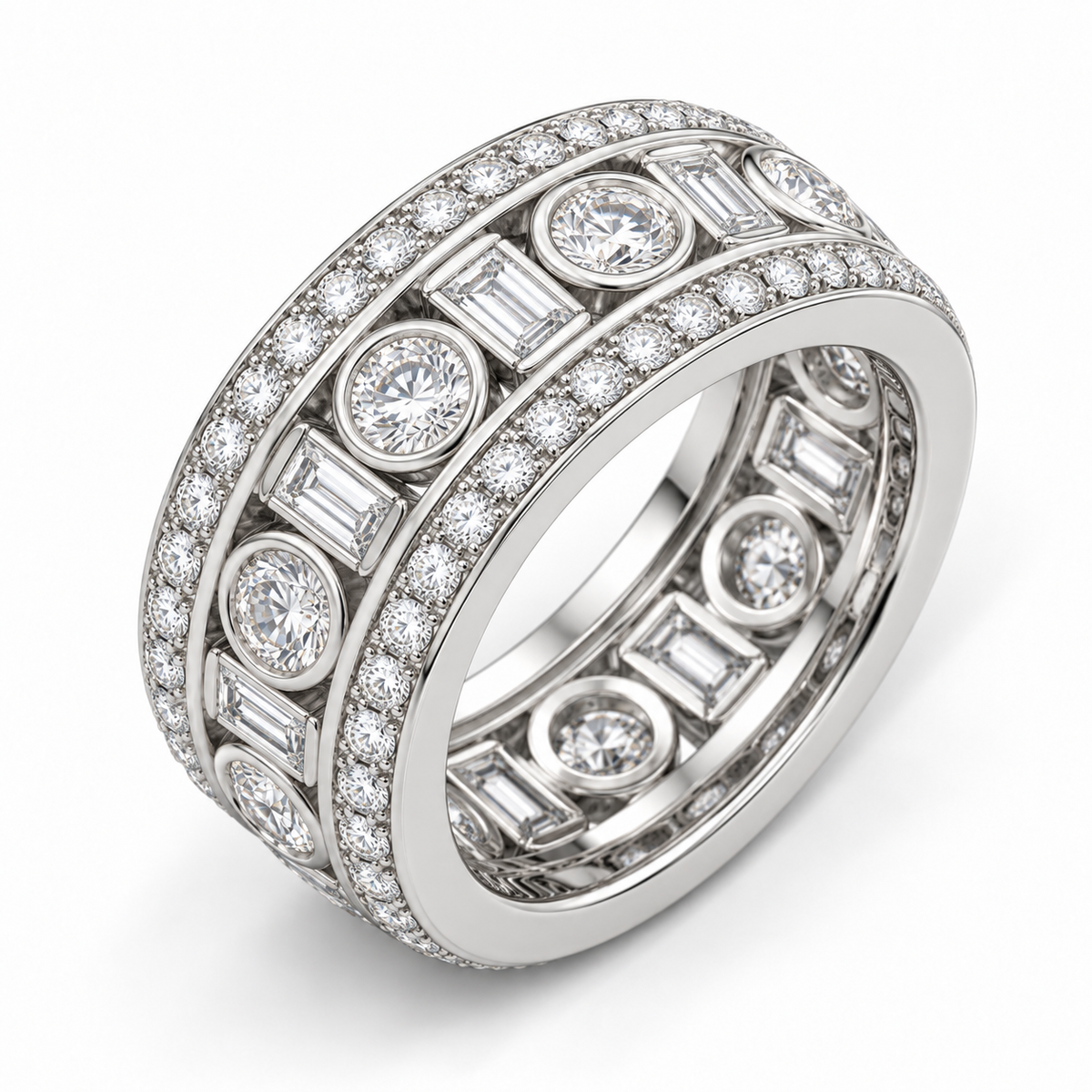 Men’s Round & Baguette Lab Diamond Eternity Band — 2.40 CTW — white gold alternate angle, illustrative rendering