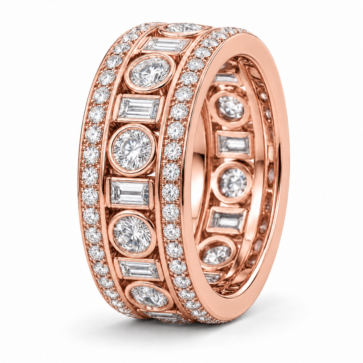 Men’s Round & Baguette Lab Diamond Eternity Band — 2.40 CTW in 14K rose gold — illustrative product rendering