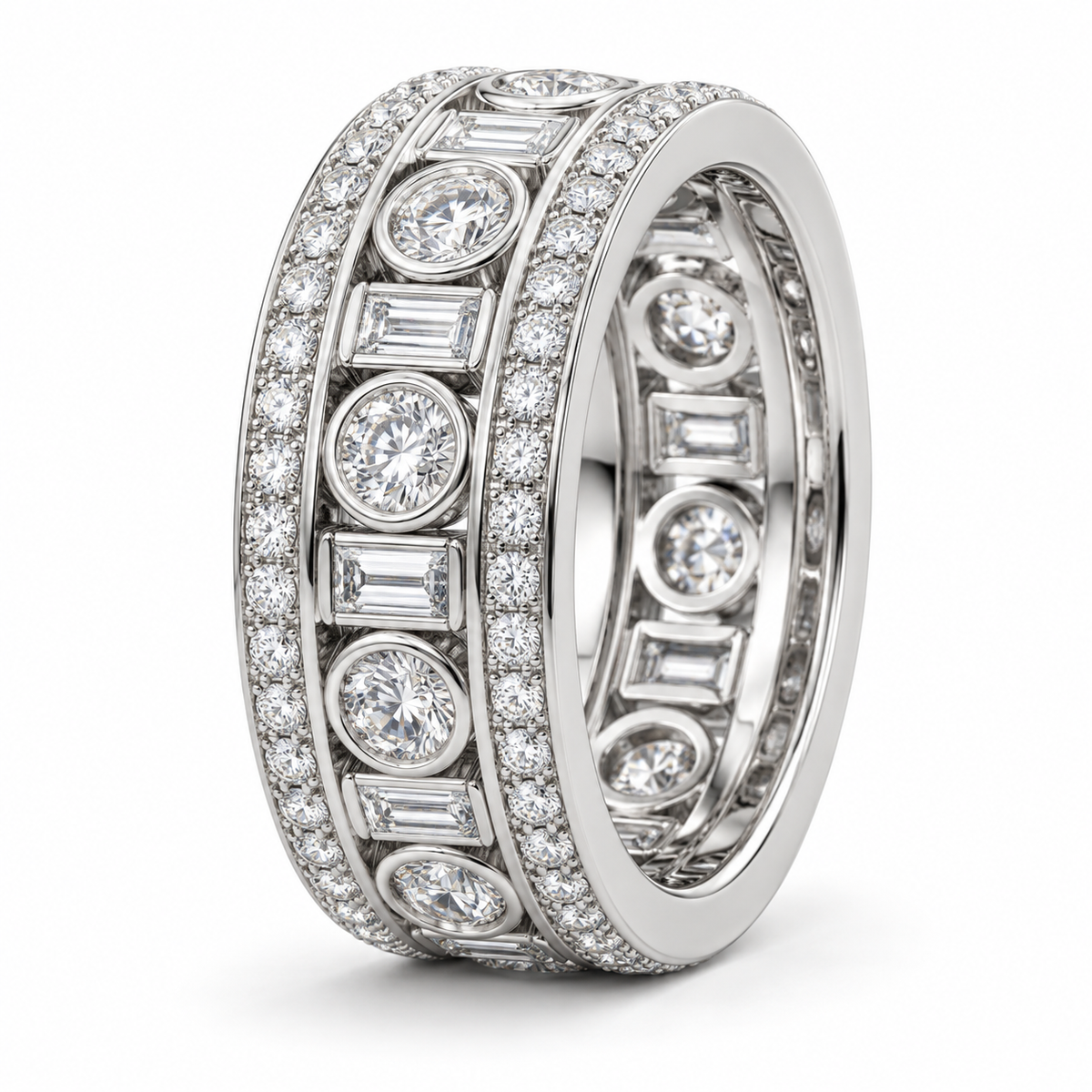 Men’s Round & Baguette Lab Diamond Eternity Band — 2.40 CTW in 14K white gold — illustrative product rendering