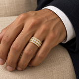 Men’s Round & Baguette Lab Diamond Eternity Band — 2.40 CTW — yellow gold worn on a man's hand, illustrative rendering