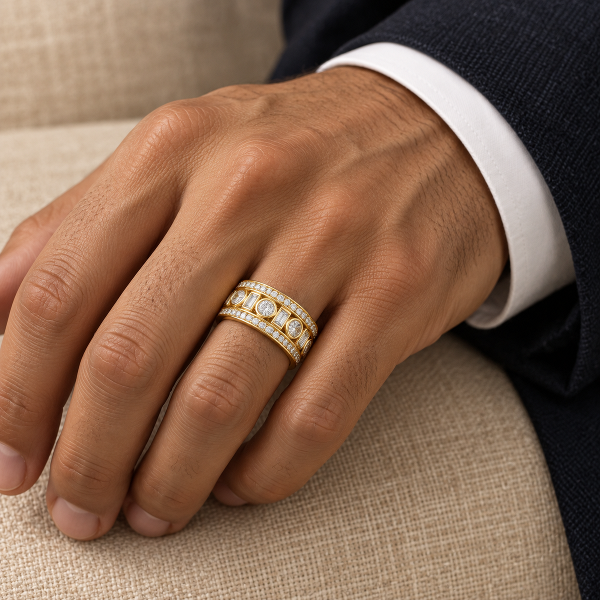 Men’s Round & Baguette Lab Diamond Eternity Band — 2.40 CTW — yellow gold worn on a man's hand, illustrative rendering