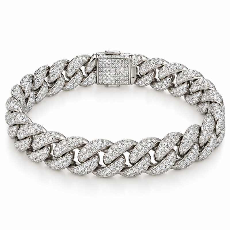 Men’s Pavé Cuban Link Lab Diamond Bracelet — 7.40 CTW in 14K white gold — illustrative product rendering