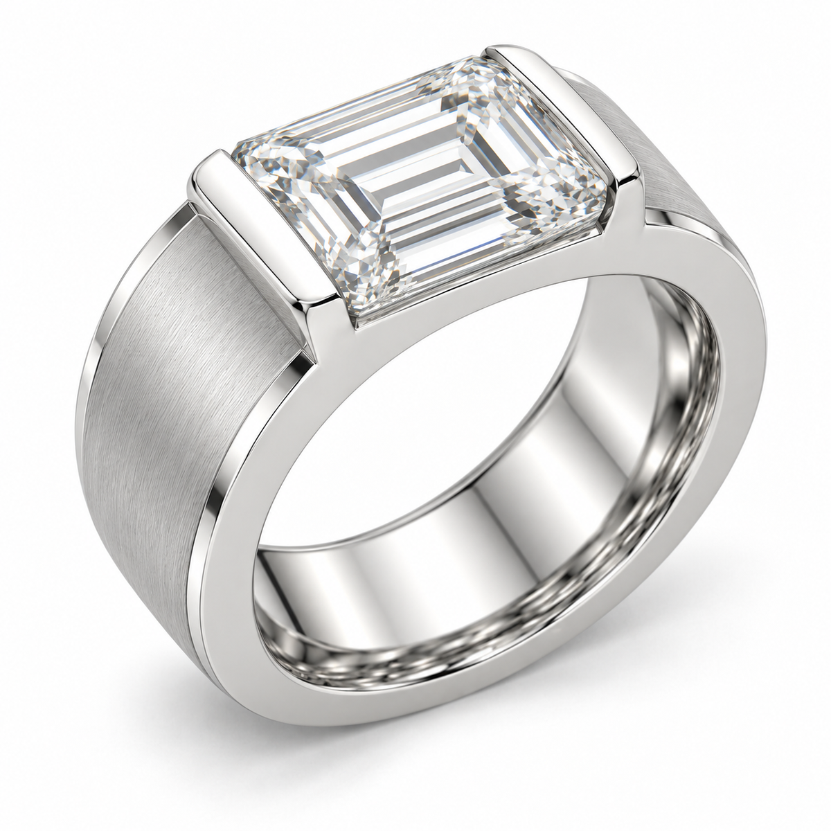 Men’s Emerald Half-Bezel Lab Diamond Ring — 3 CT — 14K White Gold alternate angle — illustrative design rendering