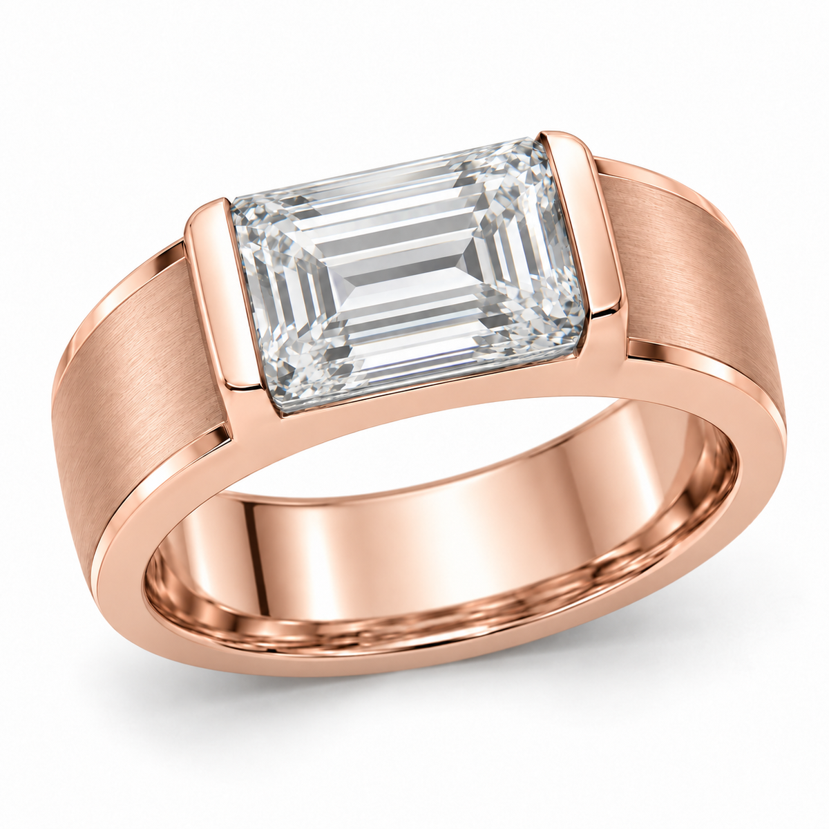 Men’s Emerald Half-Bezel Lab Diamond Ring — 3 CT in 14K Rose Gold — original product render