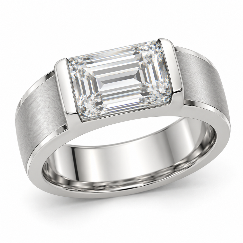 Men’s Emerald Half-Bezel Lab Diamond Ring — 3 CT in 14K white gold — illustrative design rendering