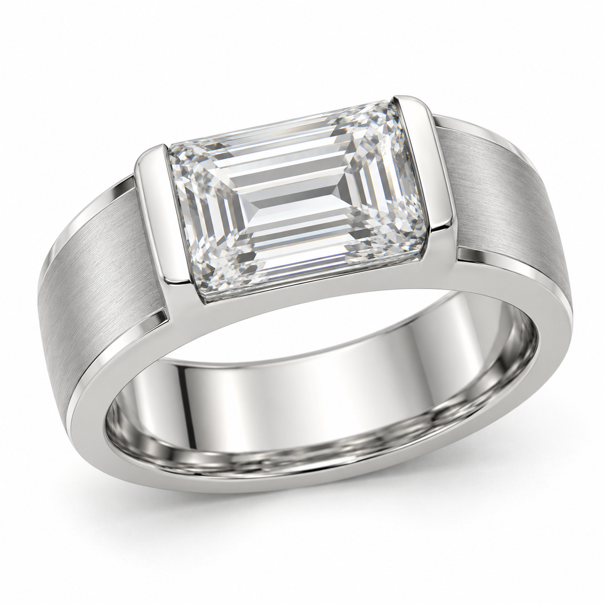 Men’s Emerald Half-Bezel Lab Diamond Ring — 3 CT in 14K white gold — illustrative design rendering