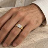 Men’s Emerald Half-Bezel Lab Diamond Ring — 3 CT — 14K Yellow Gold worn view — illustrative design rendering
