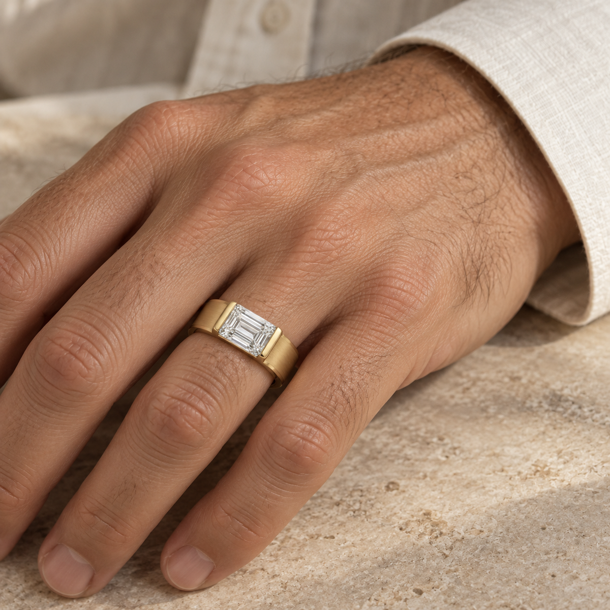 Men’s Emerald Half-Bezel Lab Diamond Ring — 3 CT — 14K Yellow Gold worn view — illustrative design rendering