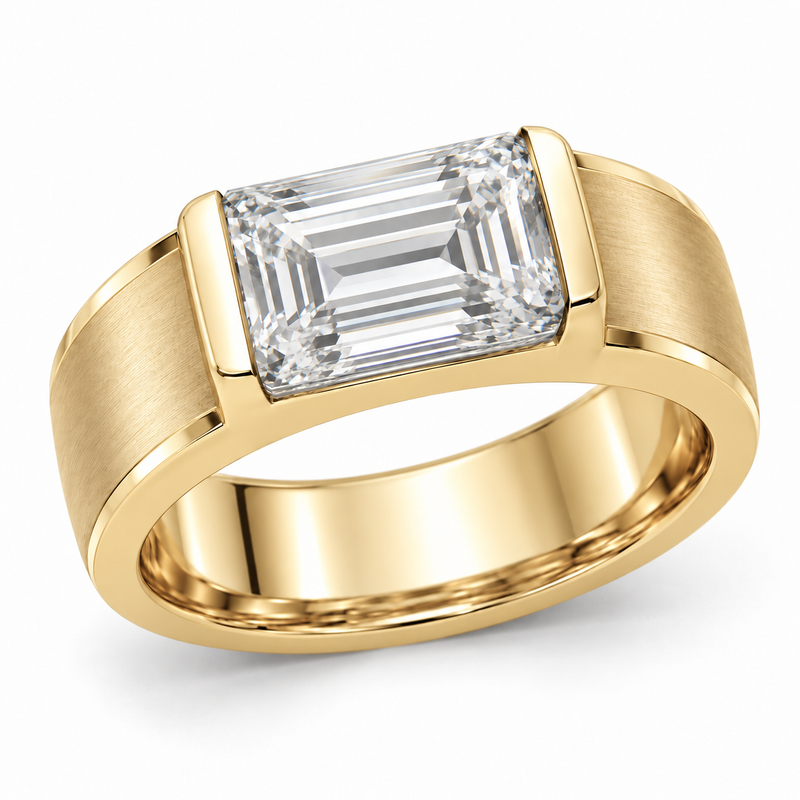 Men’s Emerald Half-Bezel Lab Diamond Ring — 3 CT in 14K Yellow Gold — original product render