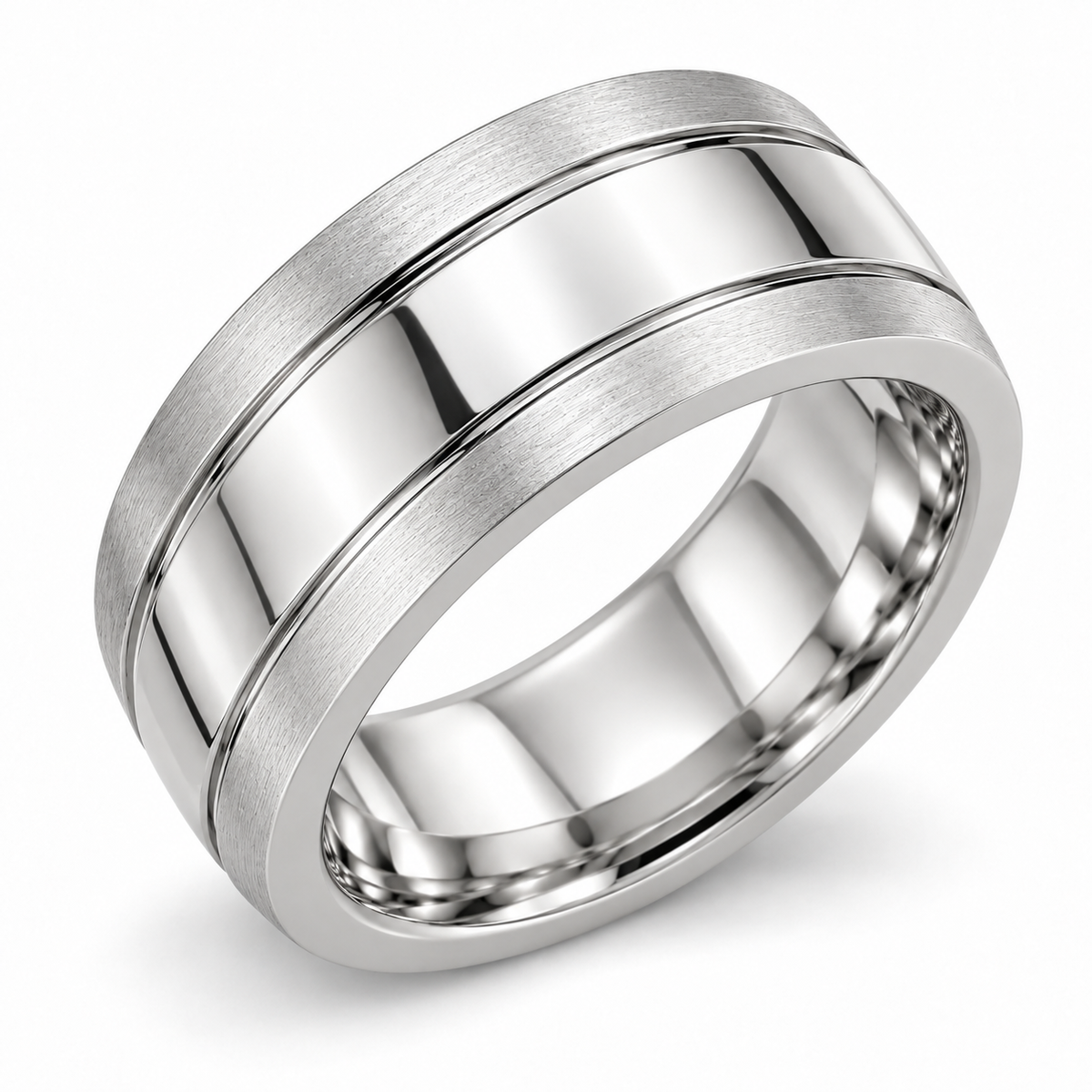 Men’s Contour Inlay 7mm Gold Wedding Band — 14K White Gold alternate angle — illustrative design rendering