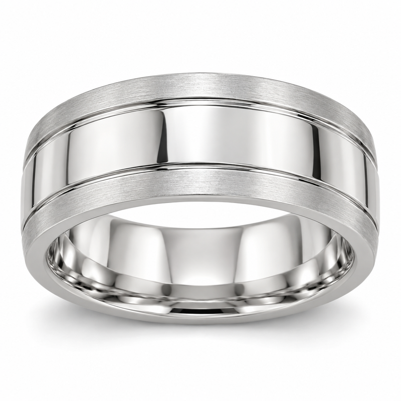 Men’s Contour Inlay 7mm Gold Wedding Band in 14K white gold — illustrative design rendering