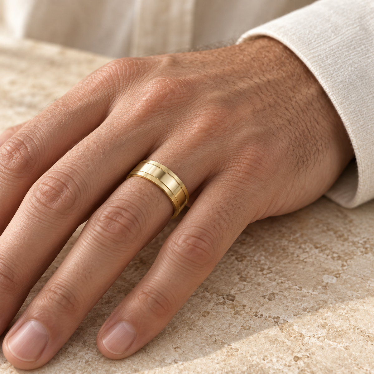 Men’s Contour Inlay 7mm Gold Wedding Band — 14K Yellow Gold worn view — illustrative design rendering