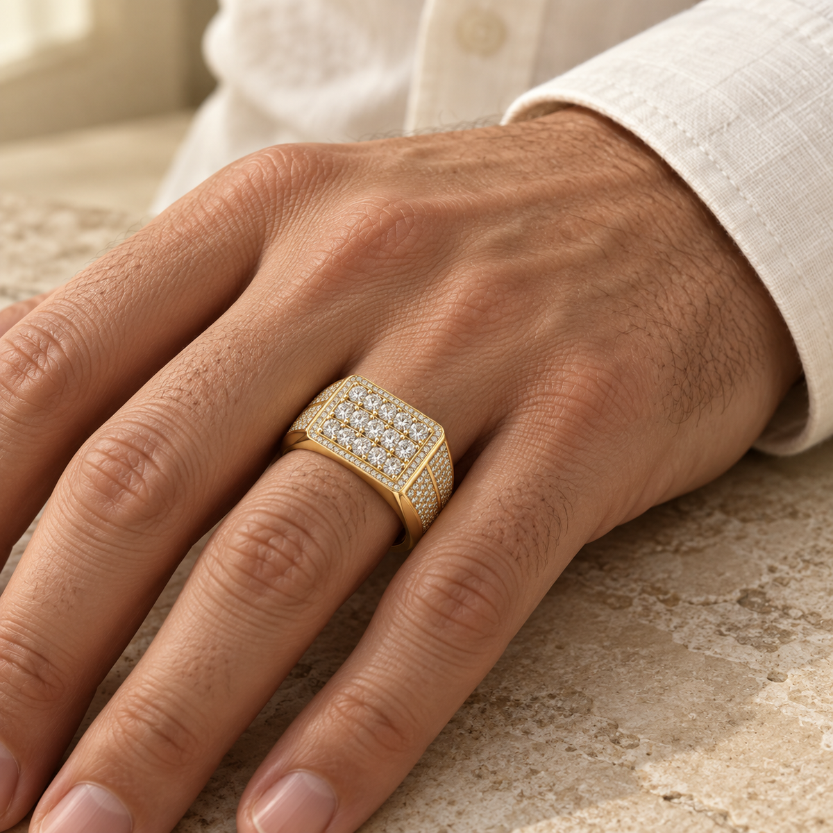 Men’s Skyline Multi-Row Lab Diamond Ring — 4.33 CTW — 14K Yellow Gold worn view — illustrative design rendering