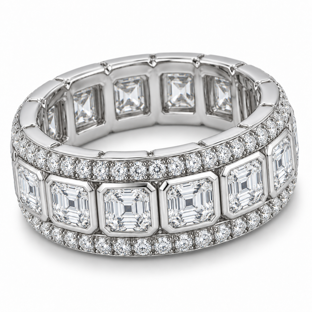 Men’s Asscher Bezel Lab Diamond Eternity Band — 5 CTW — 14K White Gold alternate angle — illustrative design rendering