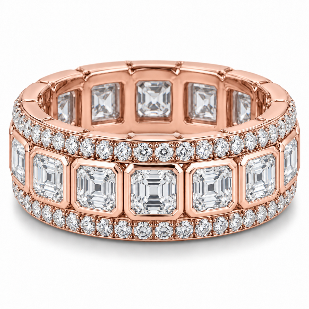 Men’s Asscher Bezel Lab Diamond Eternity Band — 5 CTW in 14K Rose Gold — original product render