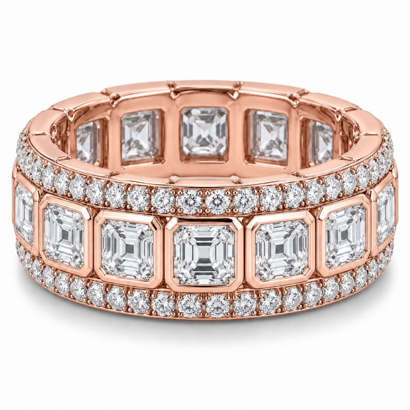 Men’s Asscher Bezel Lab Diamond Eternity Band — 5 CTW in 14K Rose Gold — original product render